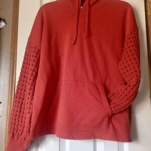 Time and Tru Red Crewneck Hoodie with Knit Sleeves